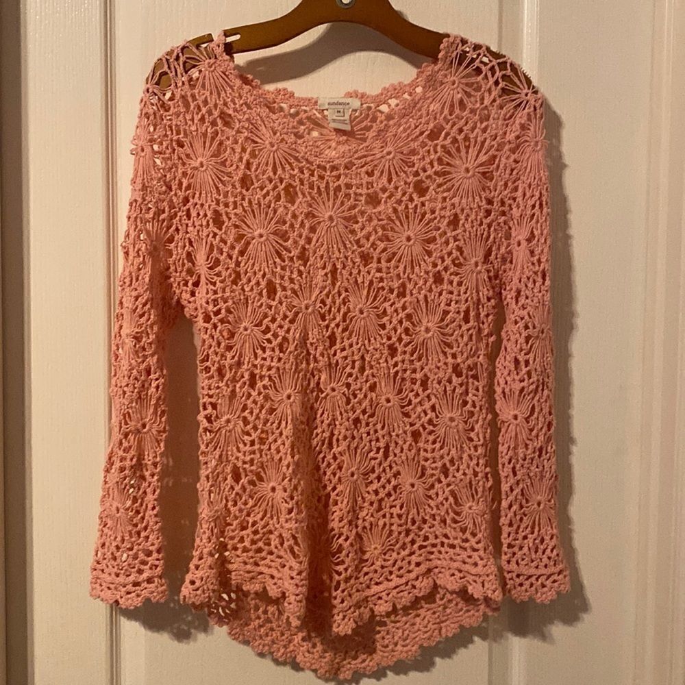 Sundance Pink Daisy Crochet Sweater Size Medium NWOT